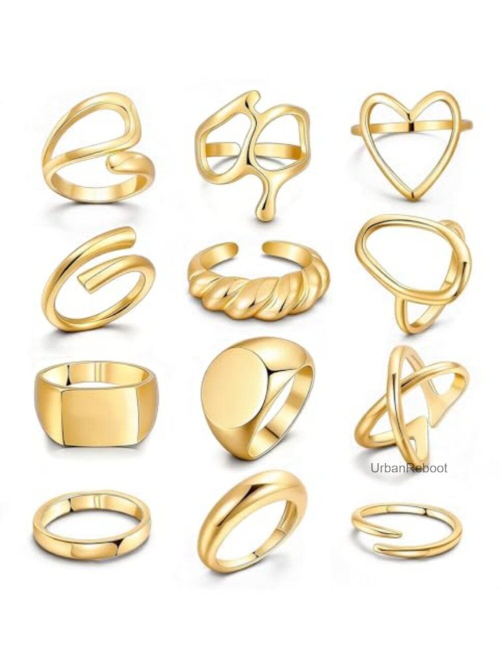 12pcs 18k Gold Plated Stackable Rings Set For Women, Adjustable Chunky Signet